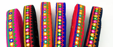 Fuchsia Pink Indian Mirror Trim Kutch Embroidered Navratri Garba Dress Trim Bridal Lace, Sari Border 35 mm Wide Trim Per 3 Yards